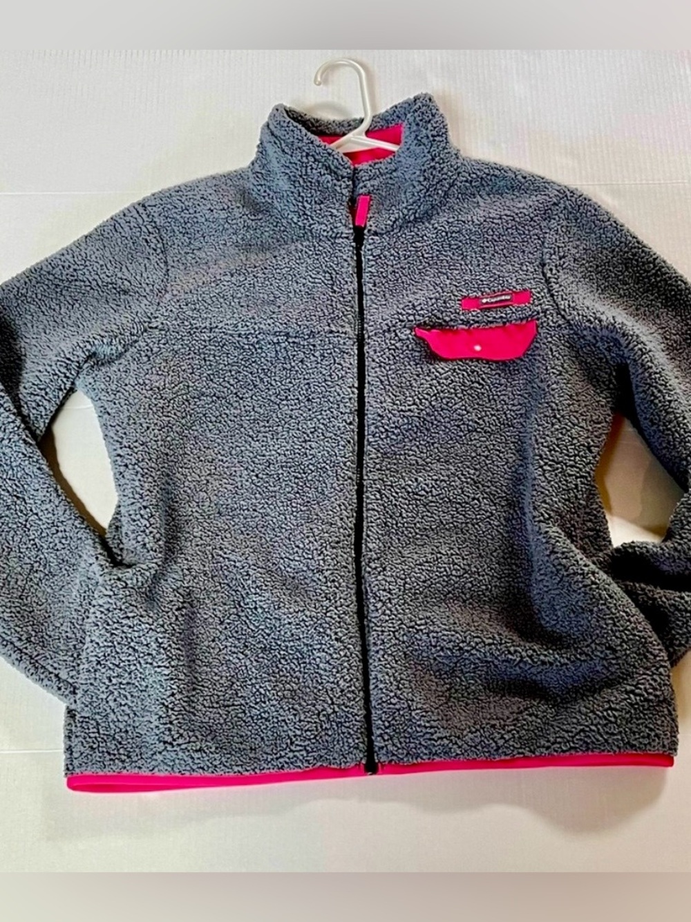Columbia Mountain Side Gray Pink Sherpa Fleece Coat XL Cozy Winter Teddy Jacket